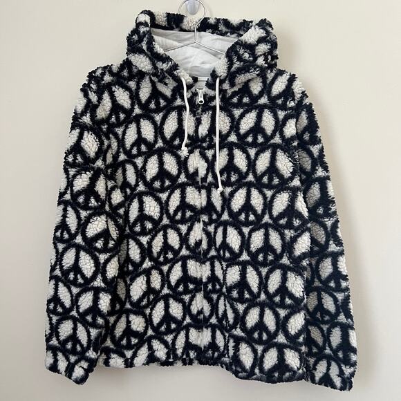 Pacsun Women's White & Black Peace Sign Print Full Zip Sherpa Hoodie Jacket S - Picture 2 of 10